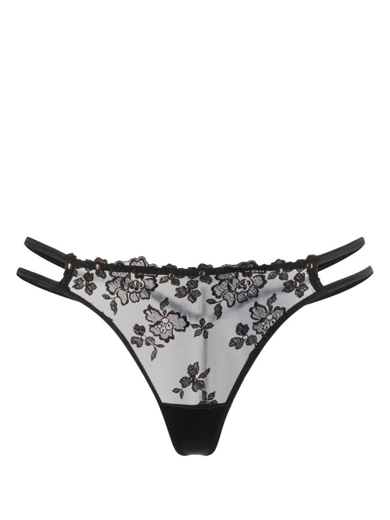 Black Studded Floral-embroidered Silk Thong
