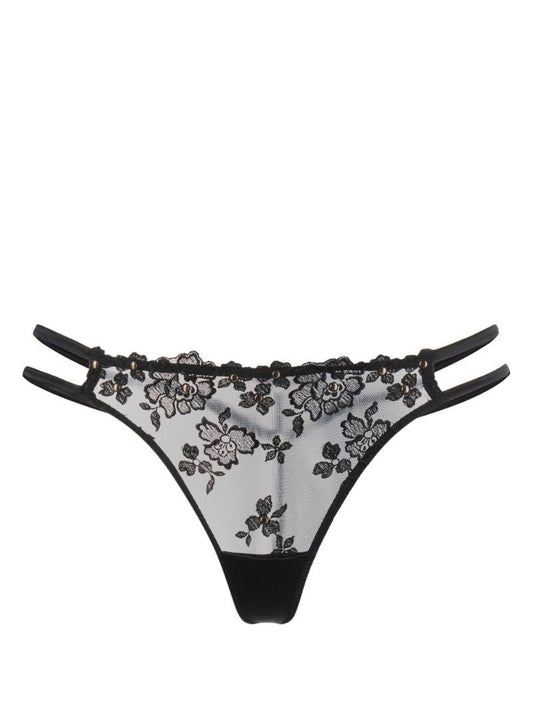 Black Studded Floral-embroidered Silk Thong