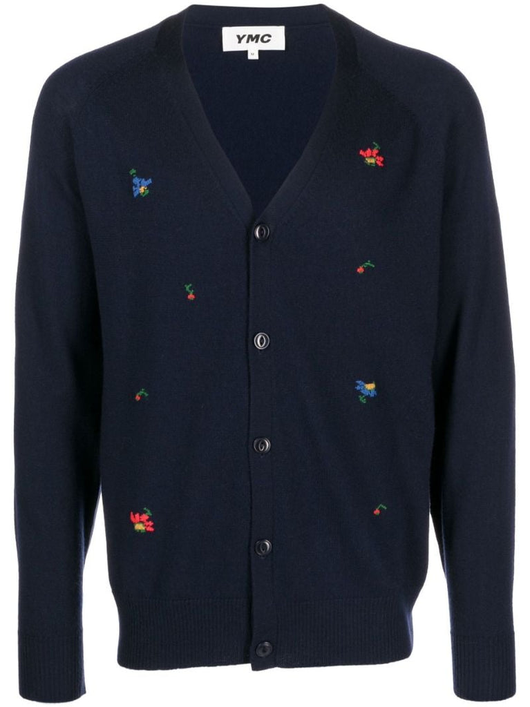 Blue Kurt Floral Embroidered Wool Cardigan