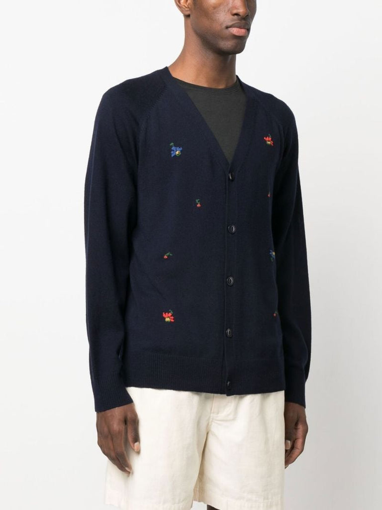 Blue Kurt Floral Embroidered Wool Cardigan