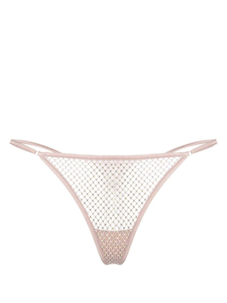 Neutral Rhinestone Fishnet V-string Thong