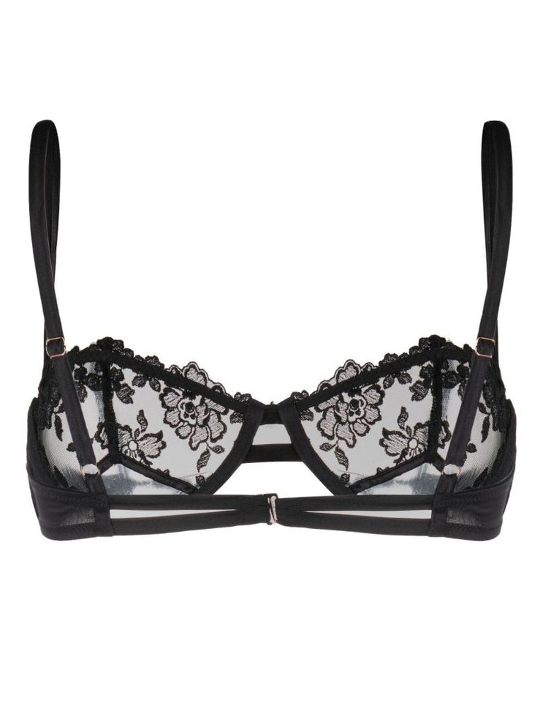 Black Floral Embroidered Silk Bra