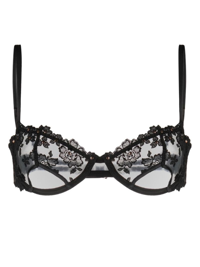 Black Floral Embroidered Silk Bra