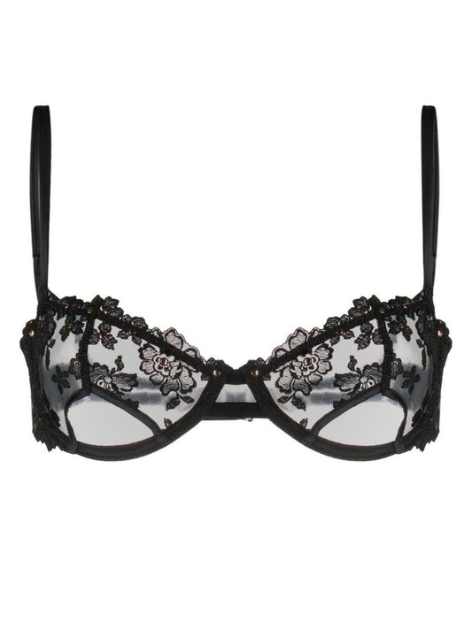 Black Floral Embroidered Silk Bra