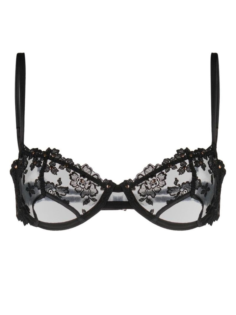 Black Floral Embroidered Silk Bra