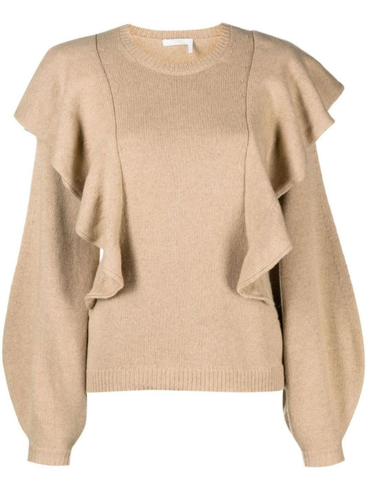 Neutral Ruffle Detail Cashmere Sweater