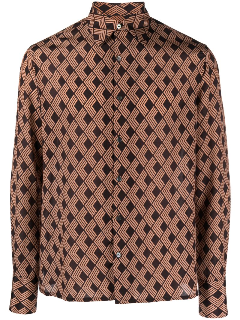 Brown Geometric Print Silk Shirt