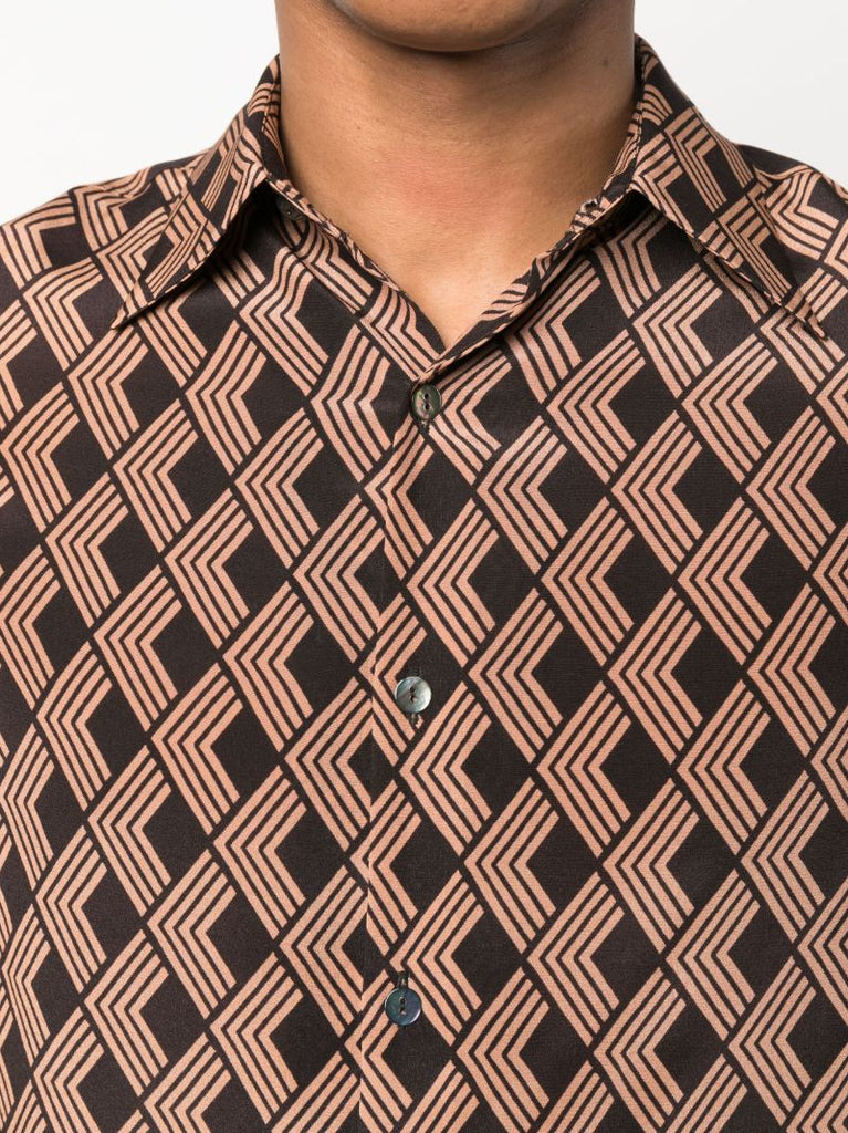 Brown Geometric Print Silk Shirt