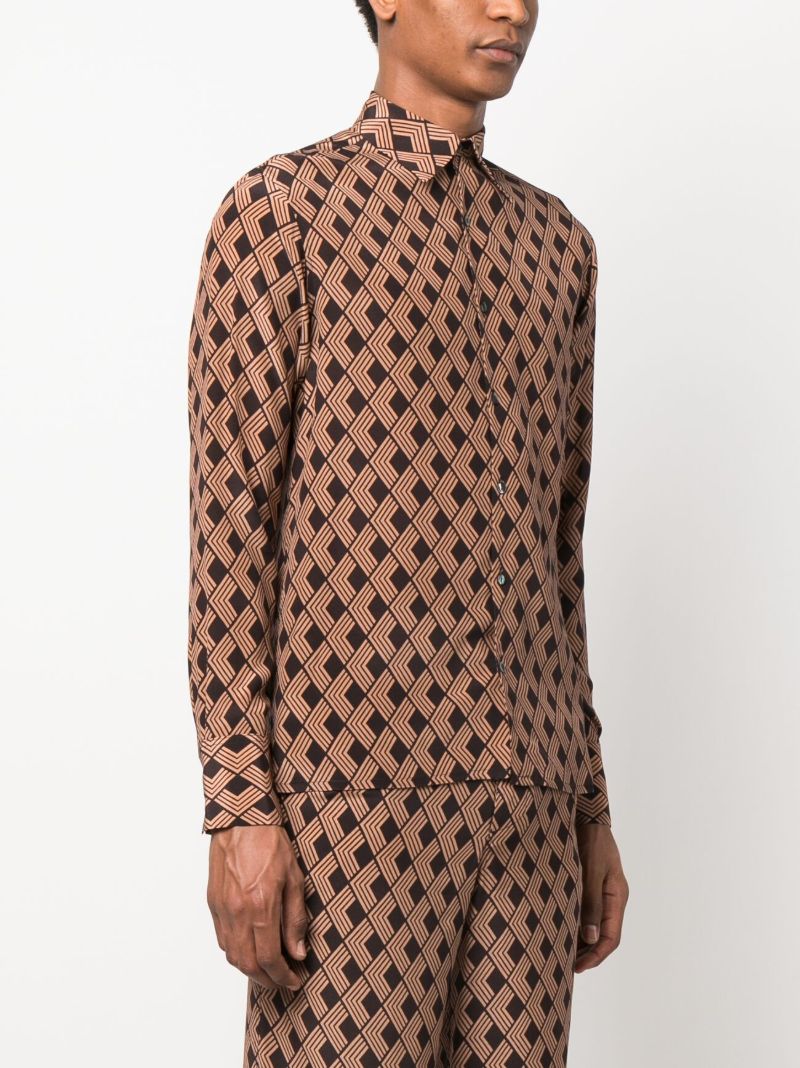 Brown Geometric Print Silk Shirt