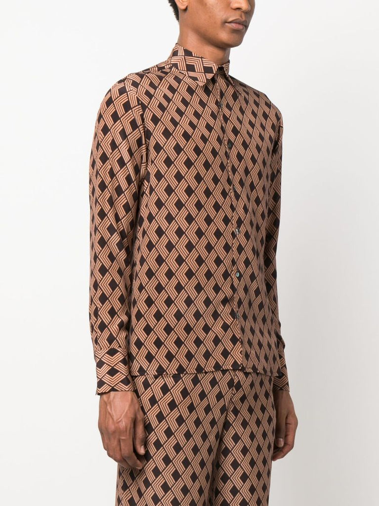 Brown Geometric Print Silk Shirt