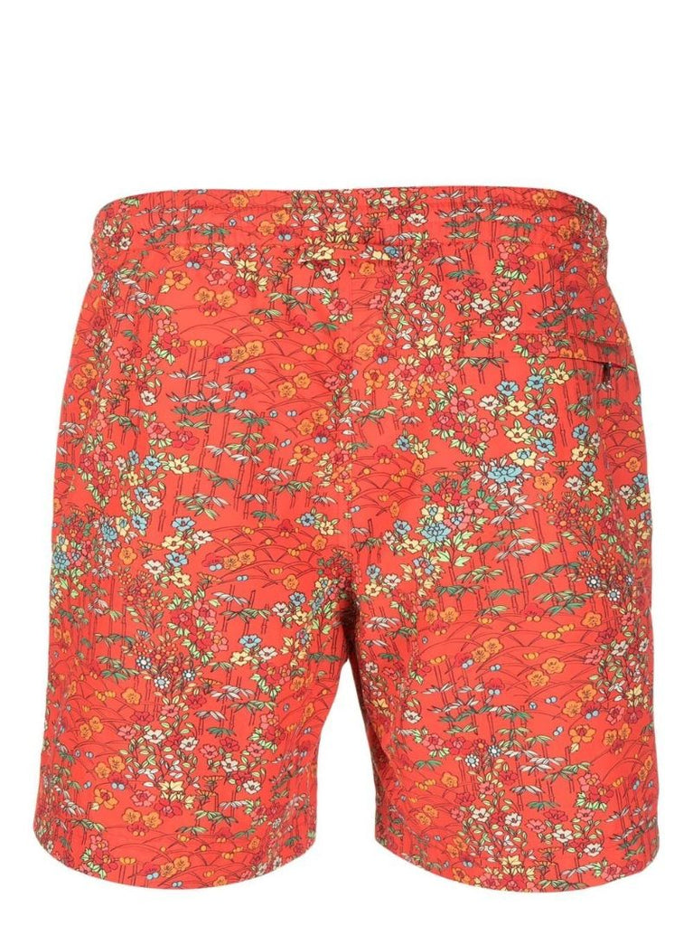 Red Floral Print Swim Shorts