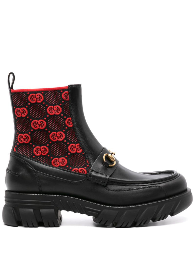 Black Gg Logo Horsebit Leather Ankle Boots