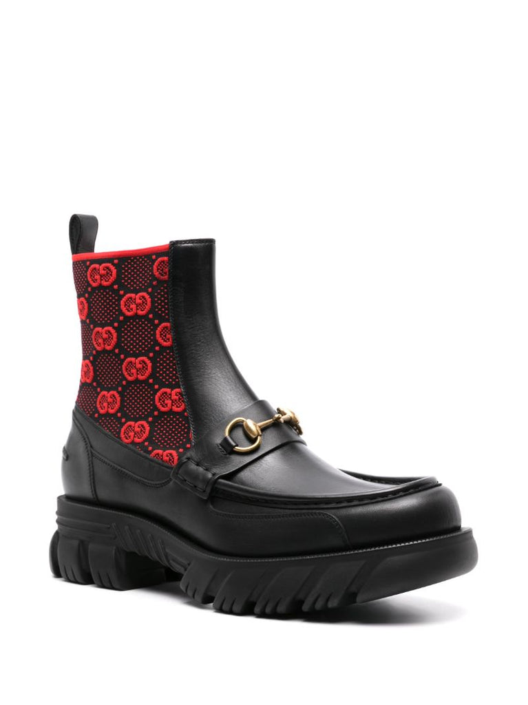 Black Gg Logo Horsebit Leather Ankle Boots
