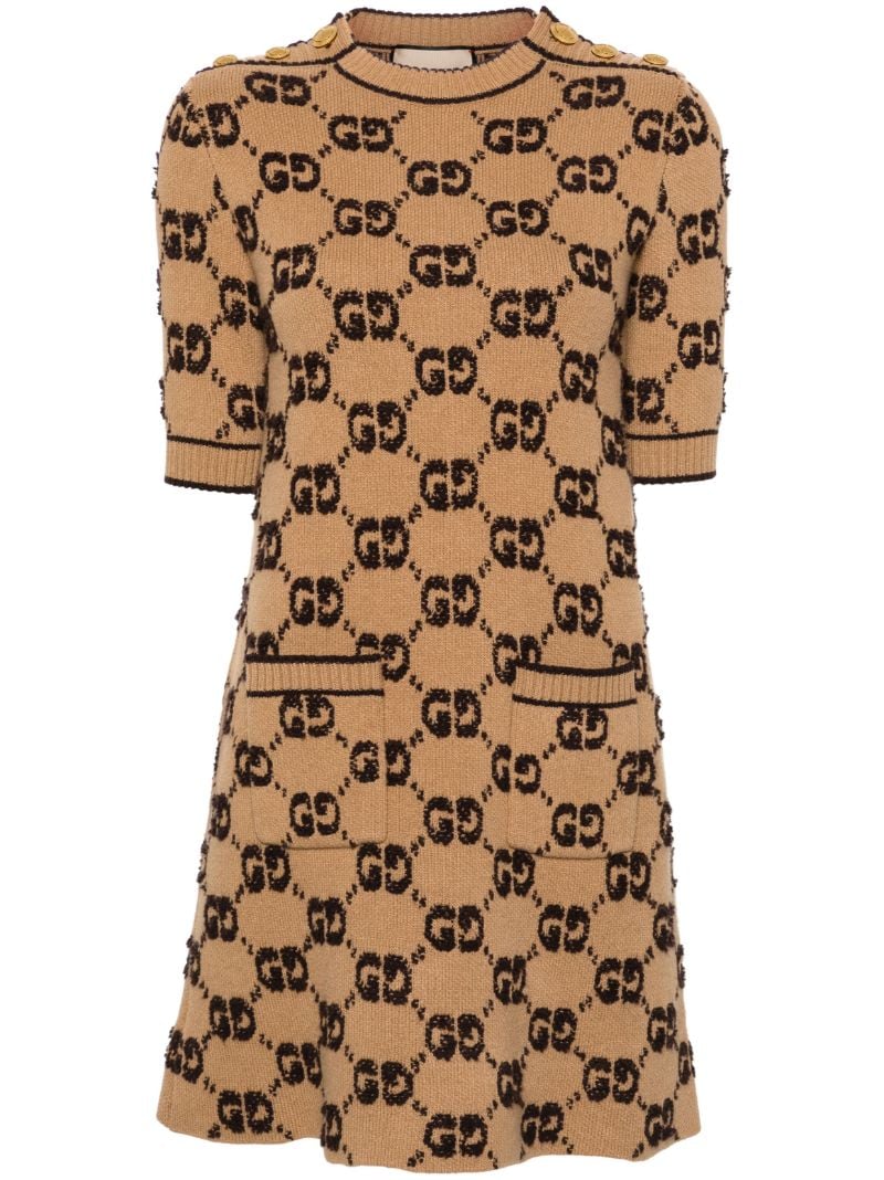 Brown Gg BouclÃ_x0083_Â© Jacquard Knitted Wool Dress