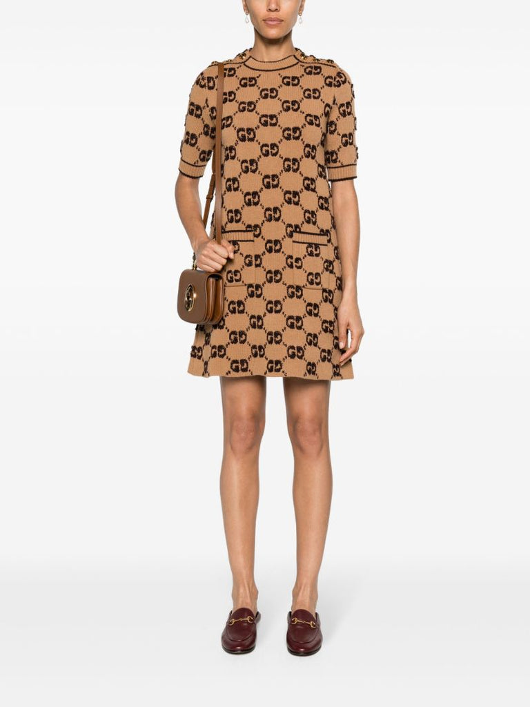 Brown Gg BouclÃ_x0083_Â© Jacquard Knitted Wool Dress