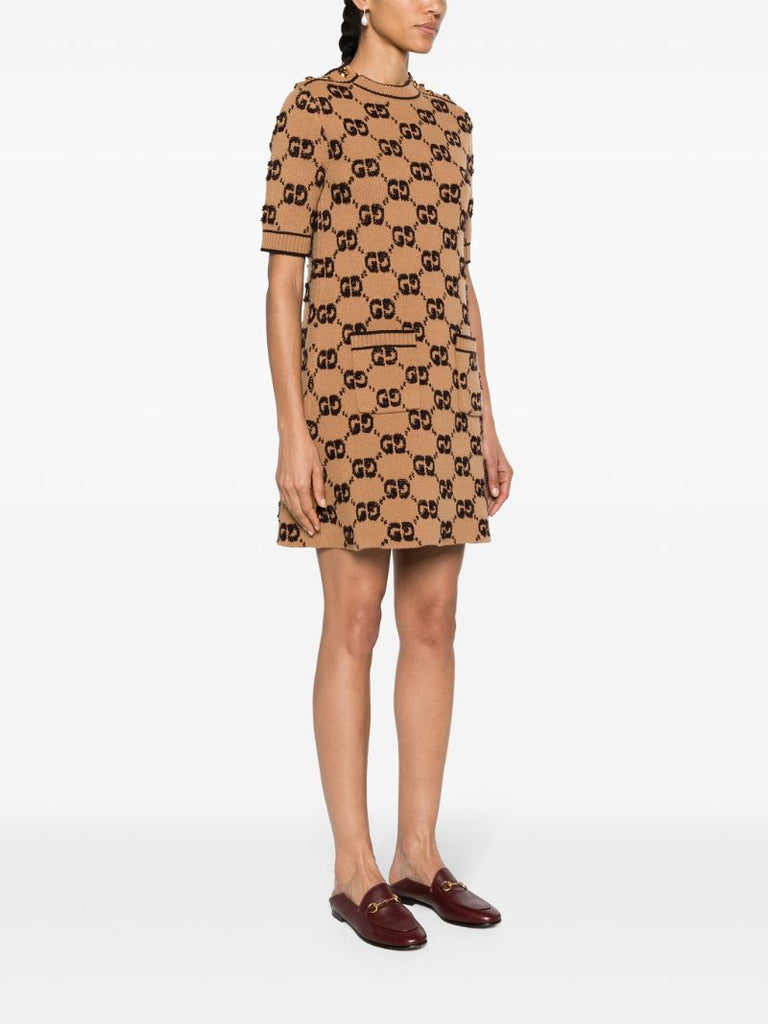 Brown Gg BouclÃ_x0083_Â© Jacquard Knitted Wool Dress