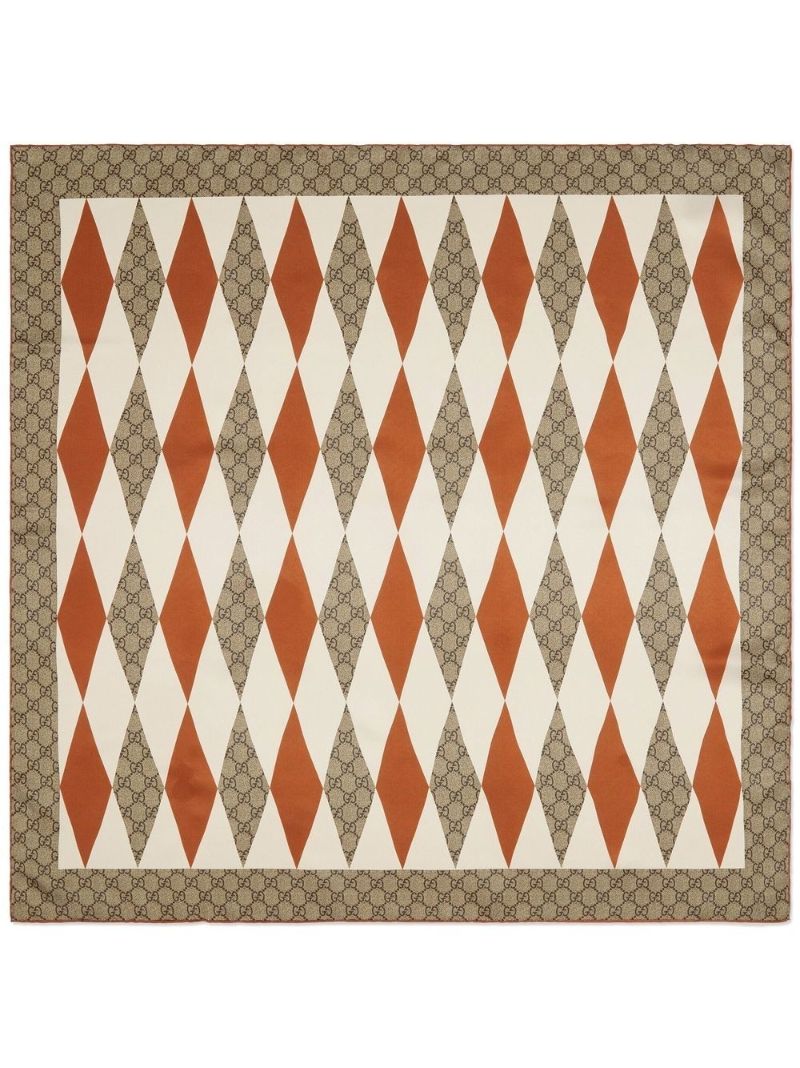 Beige Argyle Print Monogram Square Silk Scarf