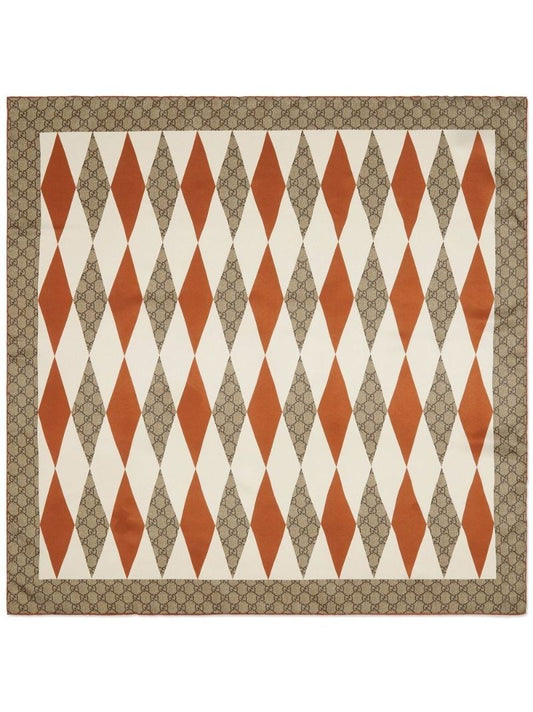 Beige Argyle Print Monogram Square Silk Scarf