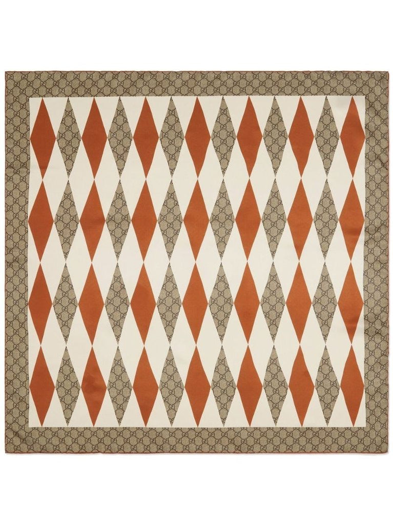 Beige Argyle Print Monogram Square Silk Scarf