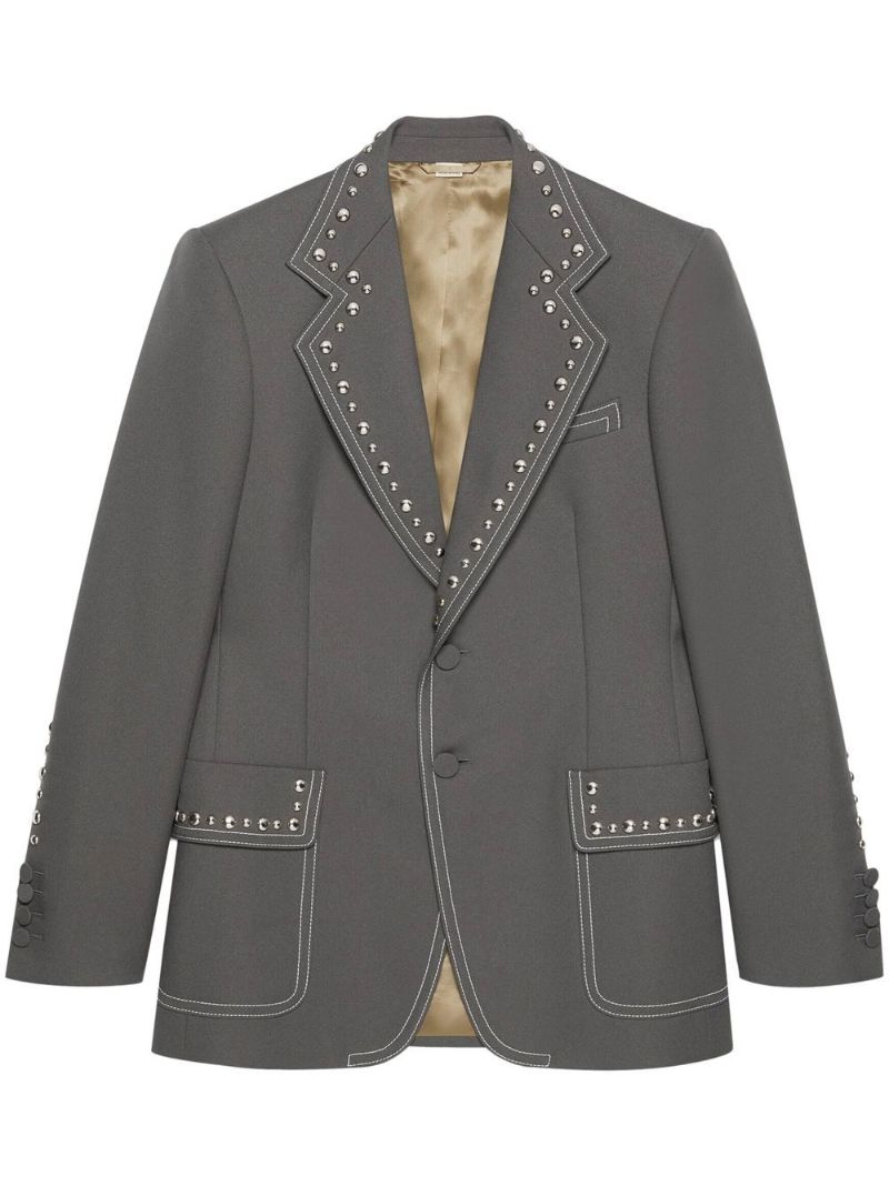 Grey Stud-embellished Single-breasted Blazer