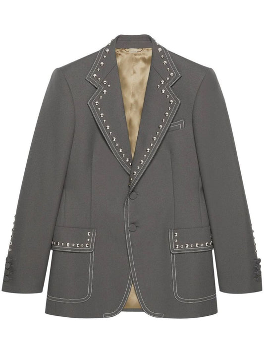 Grey Stud-embellished Single-breasted Blazer