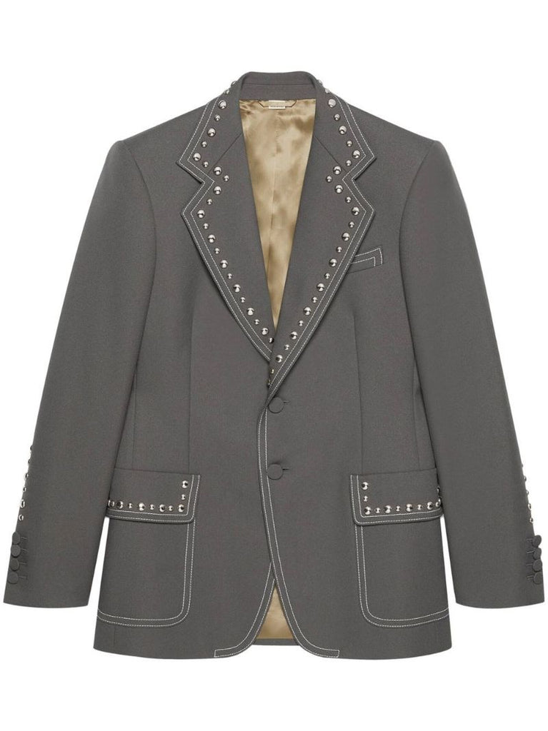 Grey Stud-embellished Single-breasted Blazer