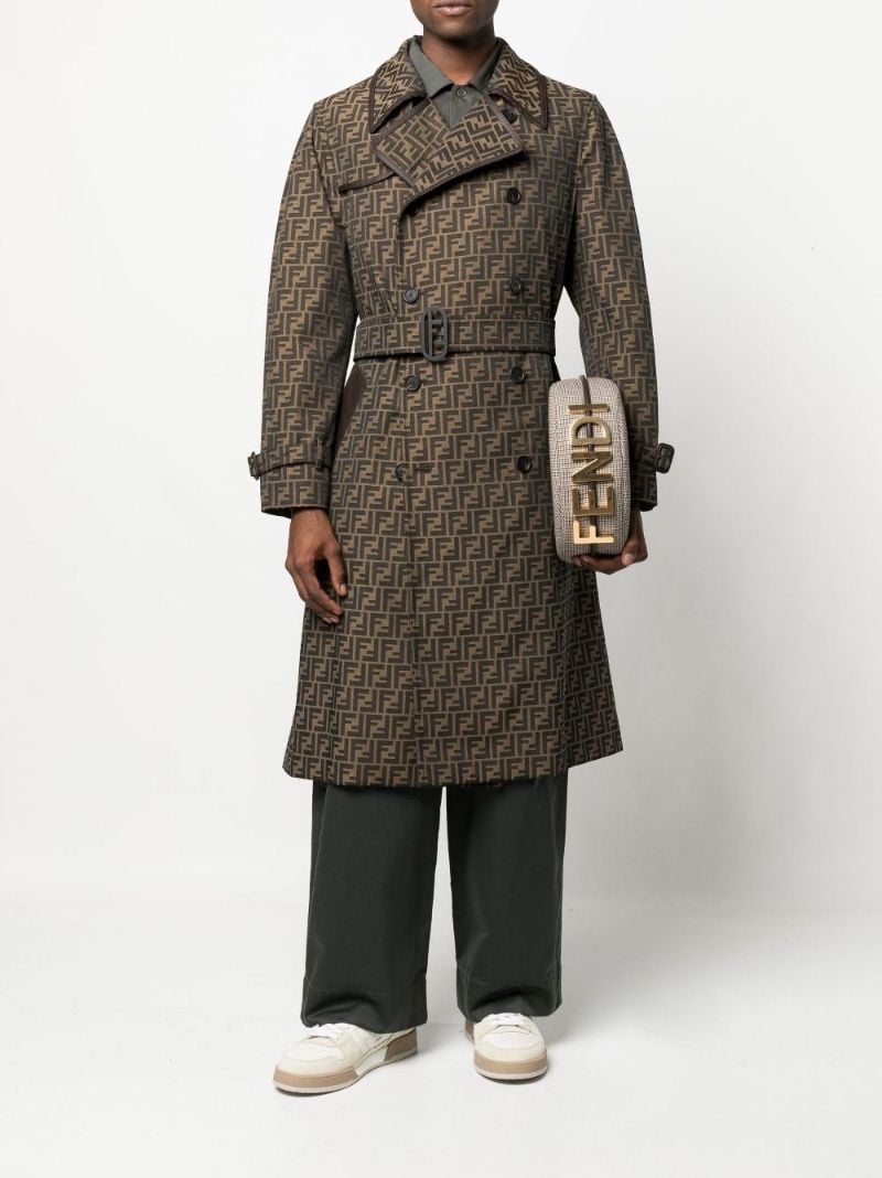 Brown Logo Jacquard Double-breasted Trench Coat
