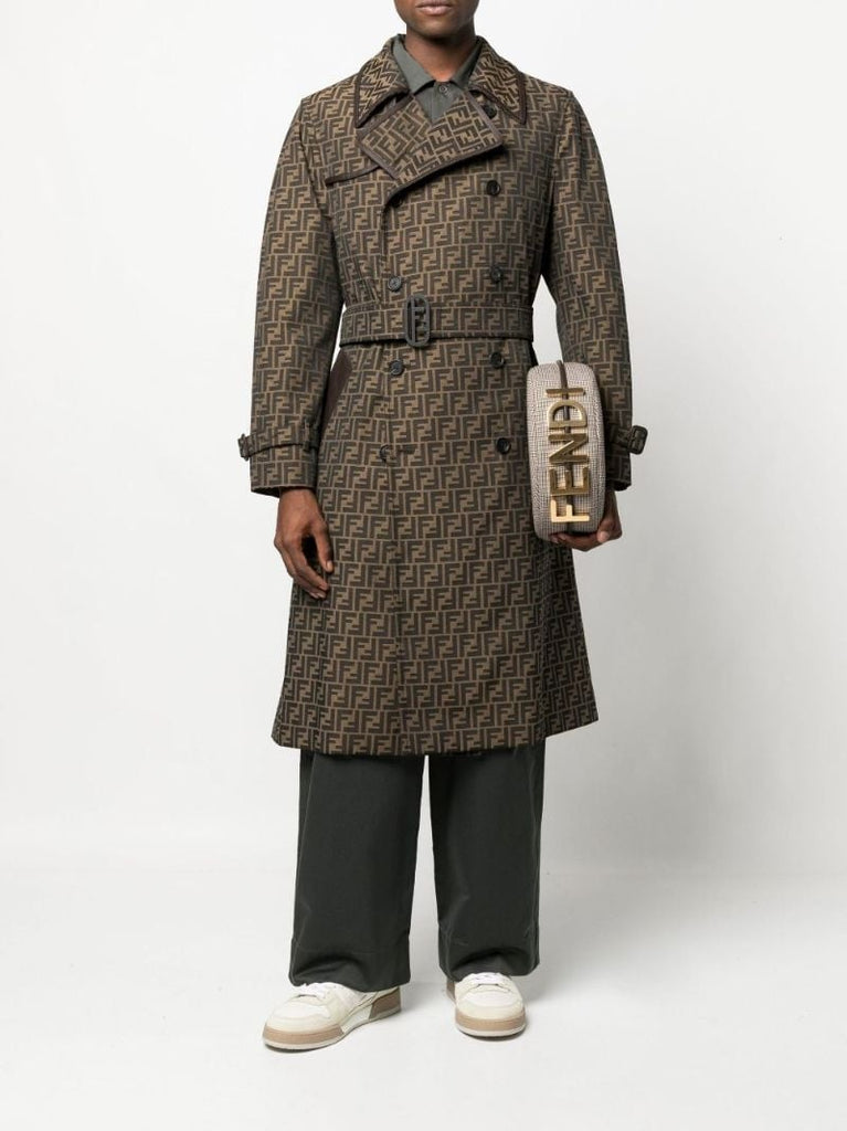 Brown Logo Jacquard Double-breasted Trench Coat
