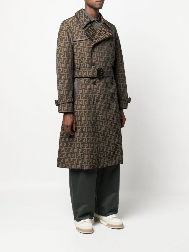 Brown Logo Jacquard Double-breasted Trench Coat
