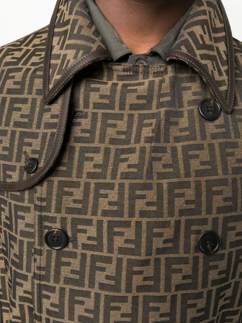 Brown Logo Jacquard Double-breasted Trench Coat