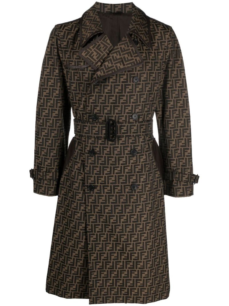 Brown Logo Jacquard Double-breasted Trench Coat