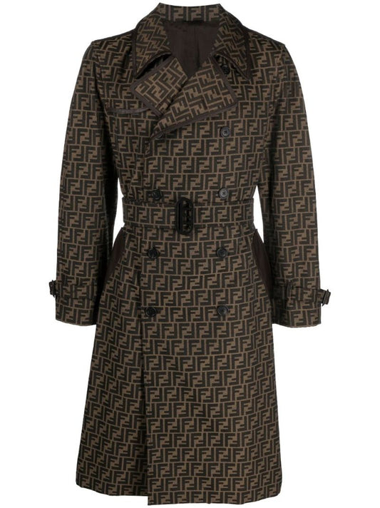 Brown Logo Jacquard Double-breasted Trench Coat