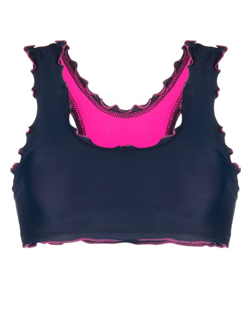 Blue and Pink Ruffle Racerback Bikini Top