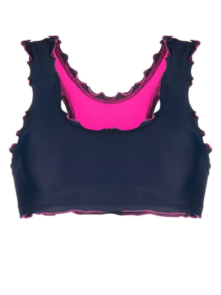 Blue and Pink Ruffle Racerback Bikini Top