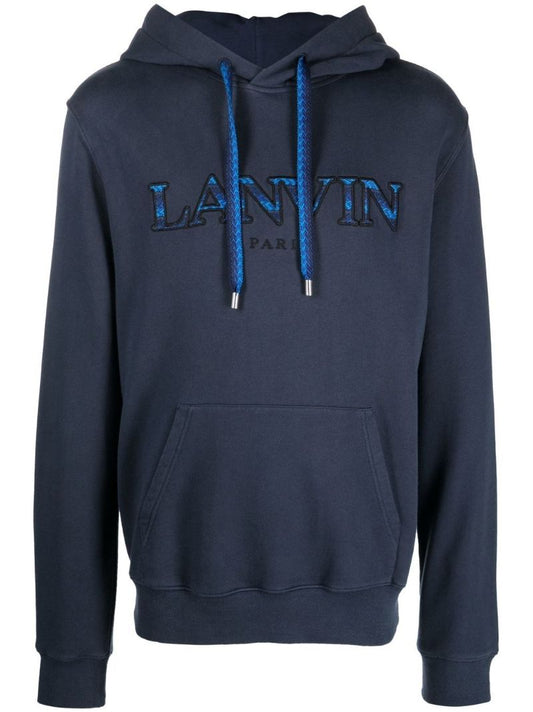 Blue Embroidered Logo Cotton Hoodie