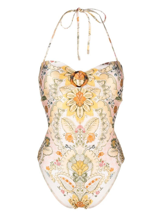 Yellow Floral Print Swimsuit