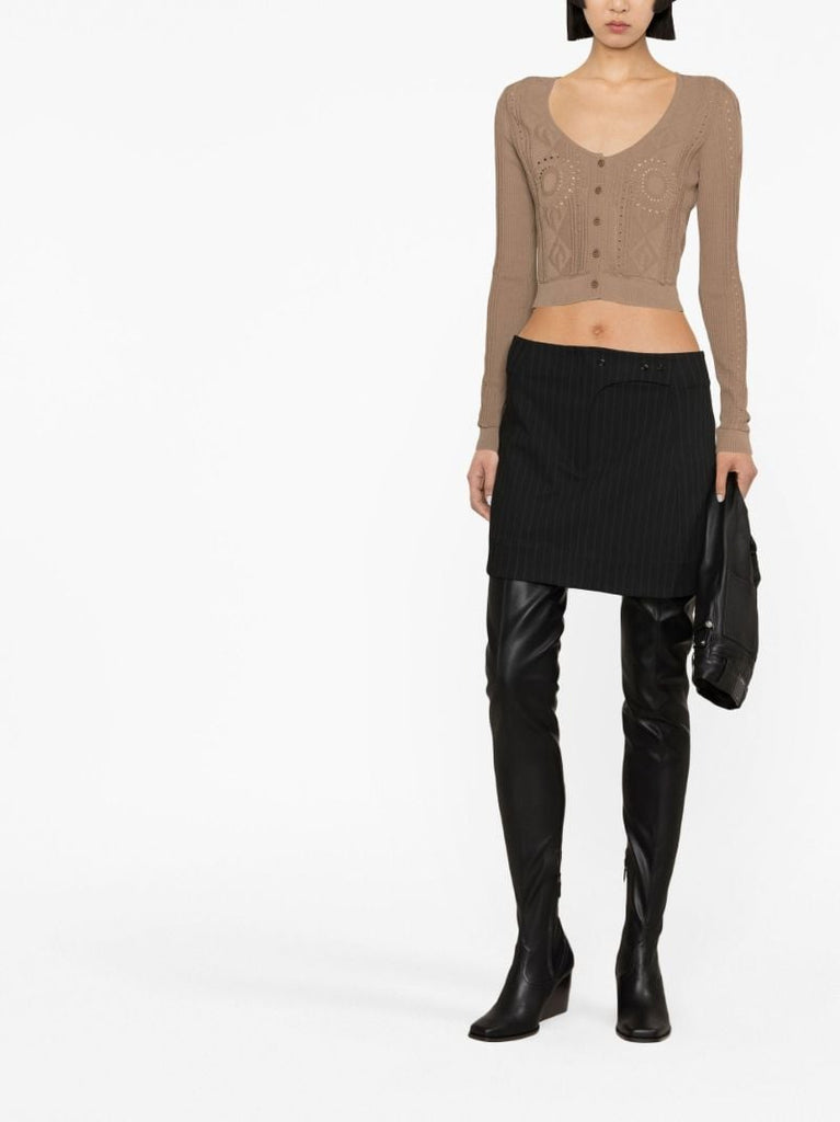 Neutral Pointelle Knit Cropped Cardigan