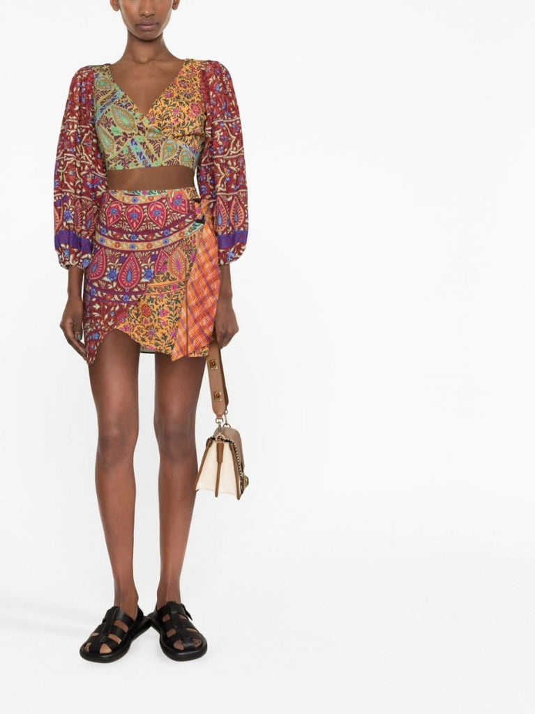 Red Es Canar Printed Wrap Mini Skirt