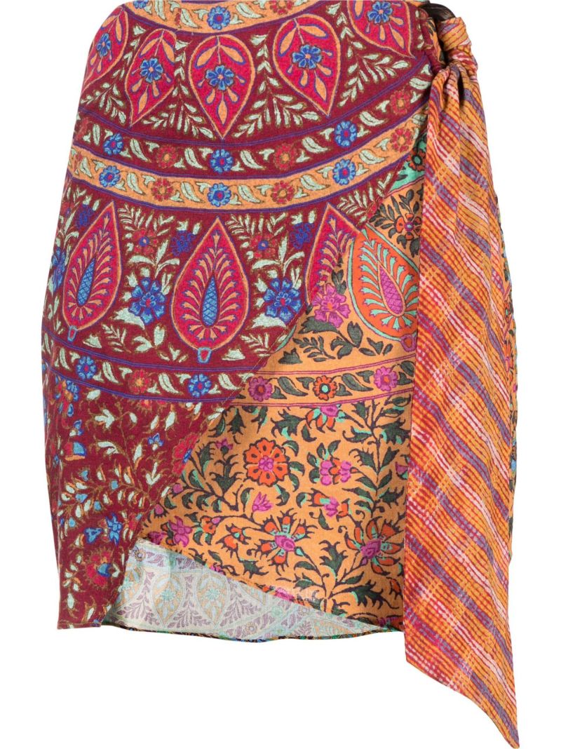 Red Es Canar Printed Wrap Mini Skirt