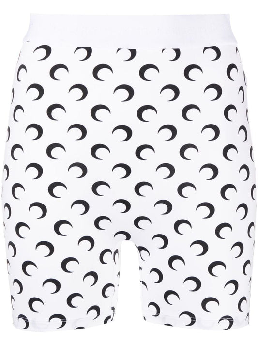 White Crescent Moon Print Yoga Shorts