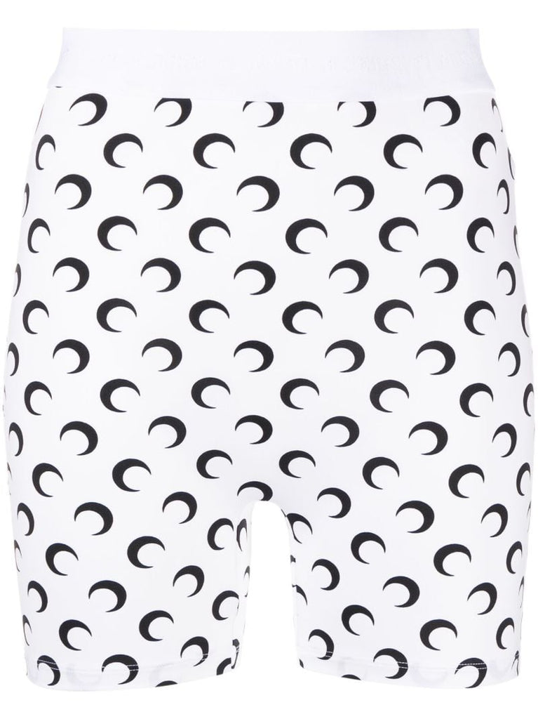White Crescent Moon Print Yoga Shorts