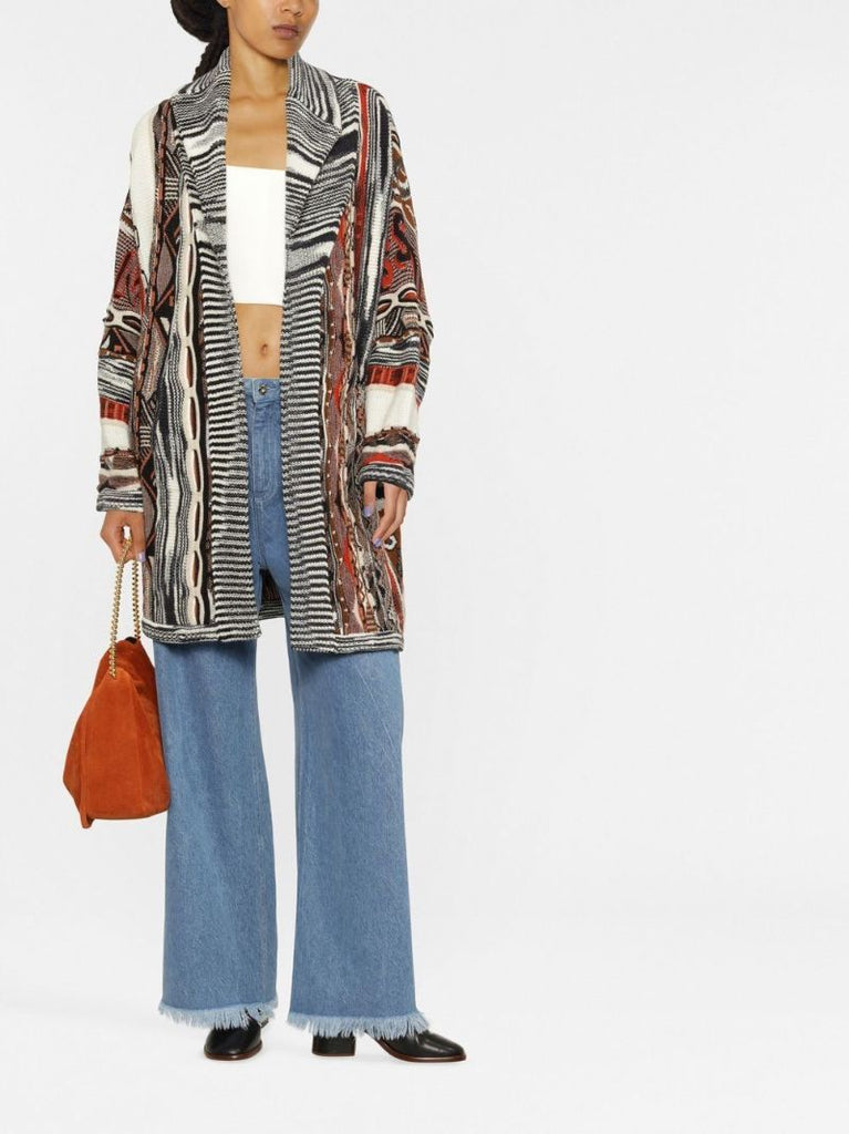 Neutral Logo-intarsia Belted Wool Cardigan