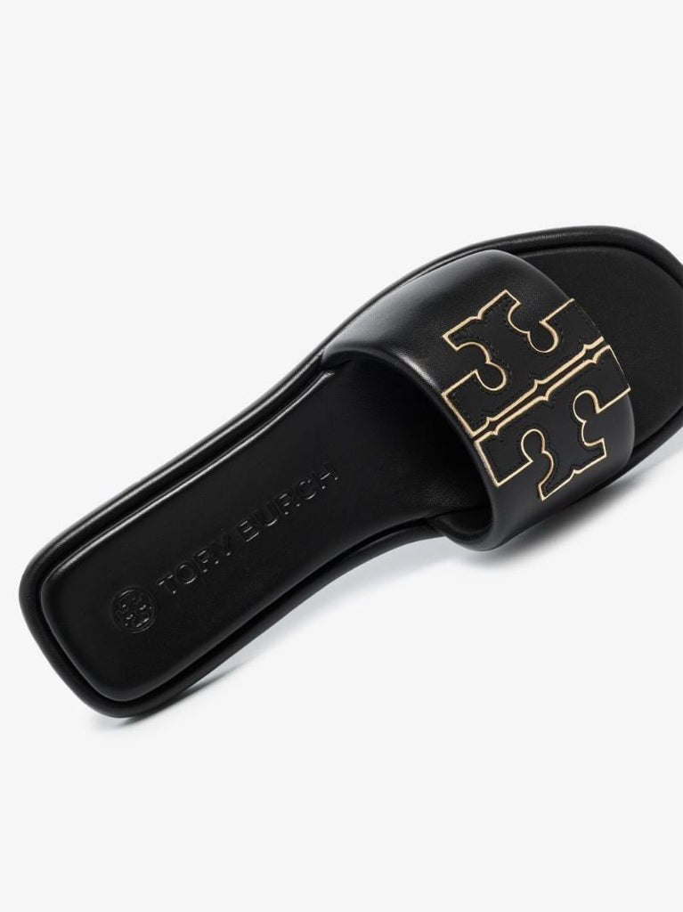 Black Double T Logo Leather Slides