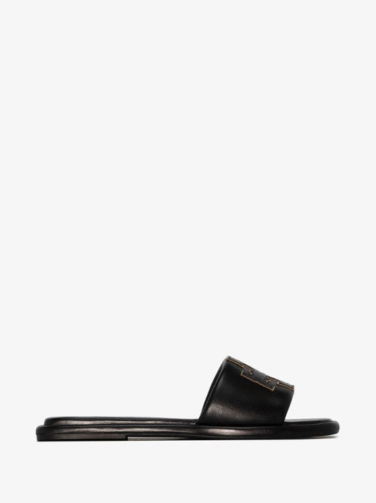 Black Double T Logo Leather Slides