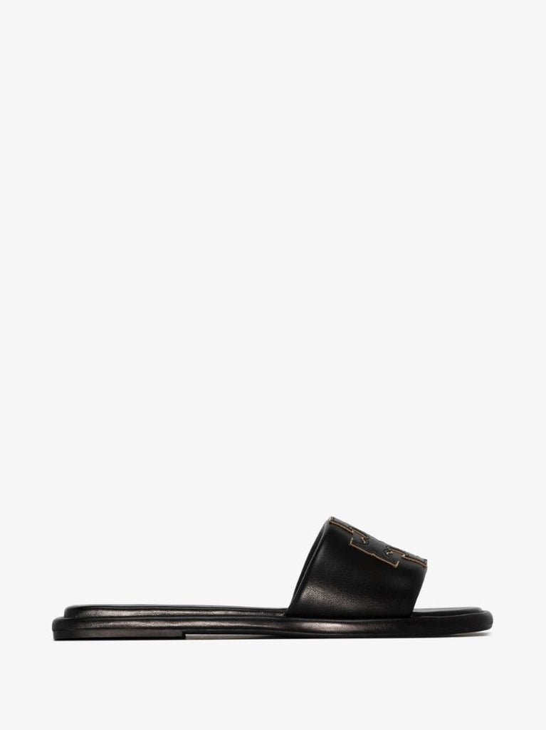 Black Double T Logo Leather Slides