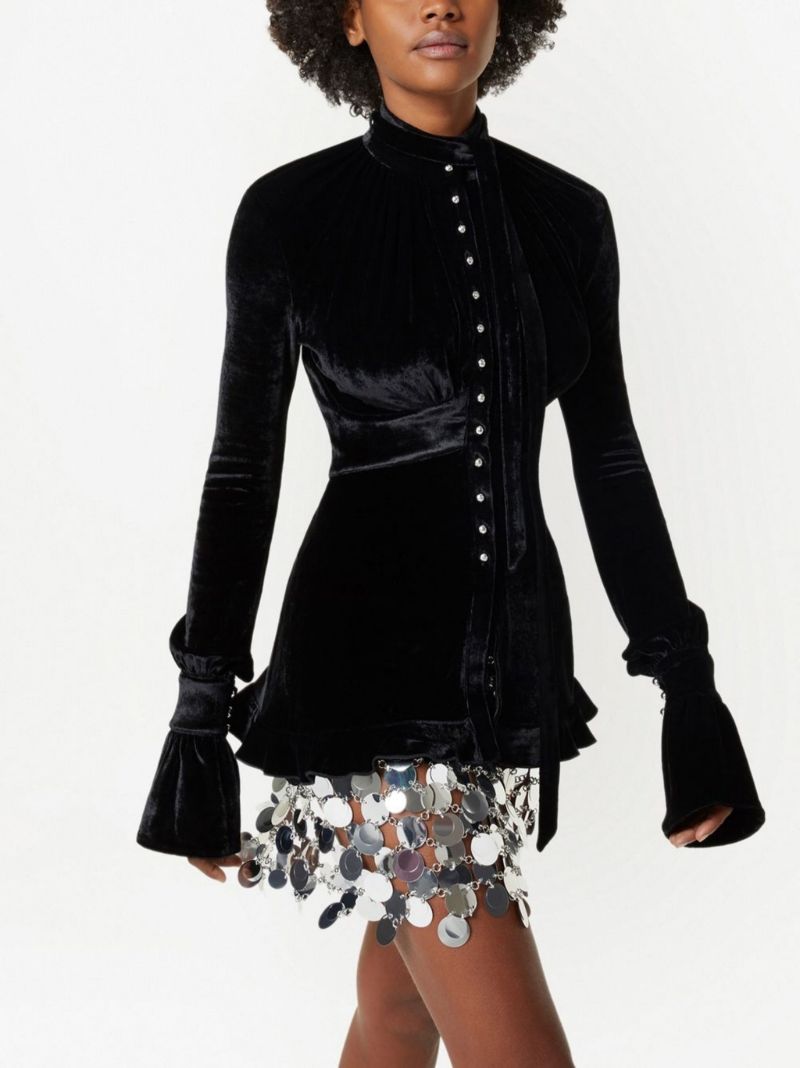 Black Velvet Crystal Button Blouse