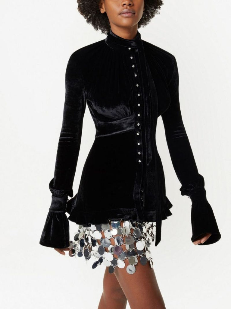 Black Velvet Crystal Button Blouse