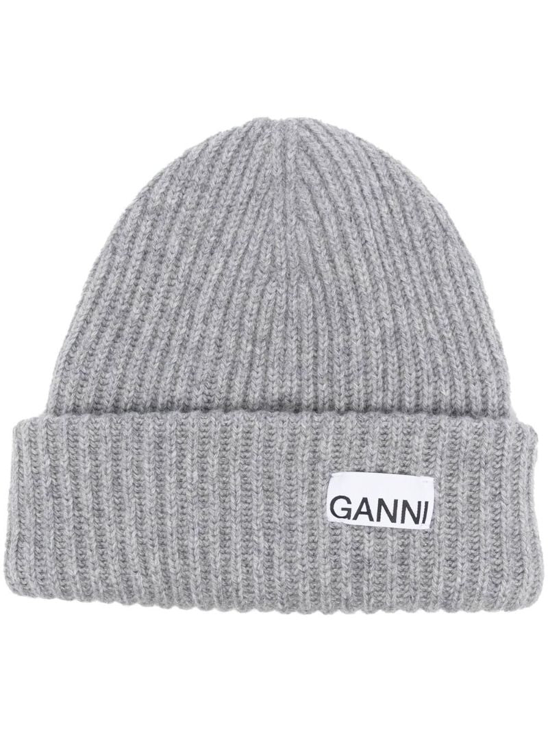 Grey Logo Patch Rib Knit Beanie