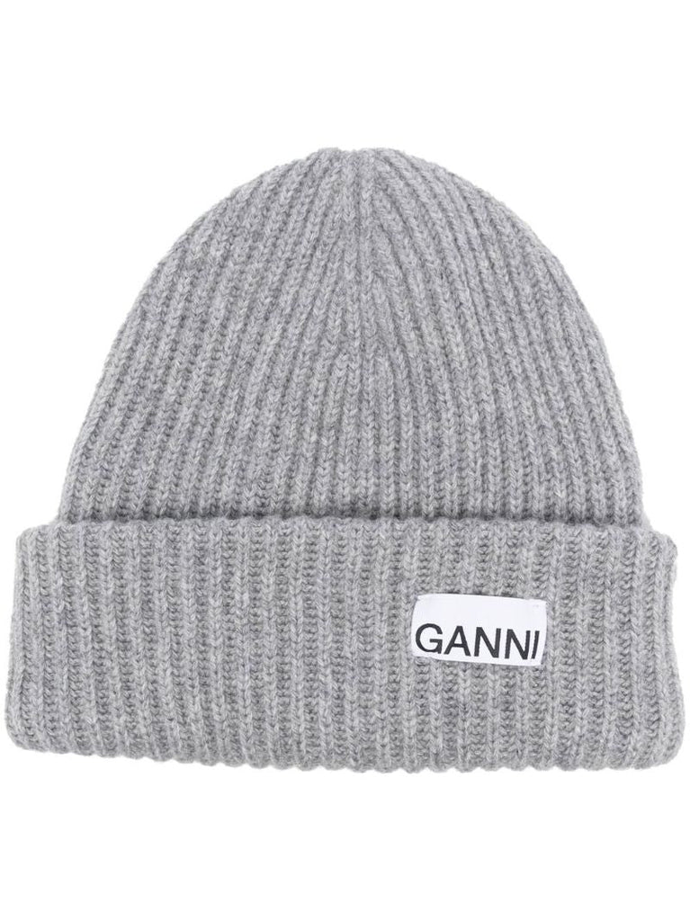 Grey Logo Patch Rib Knit Beanie