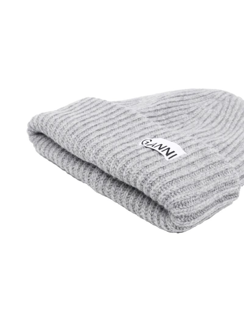 Grey Logo Patch Rib Knit Beanie